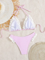 Cute Pink Plaid Print Micro Bikini