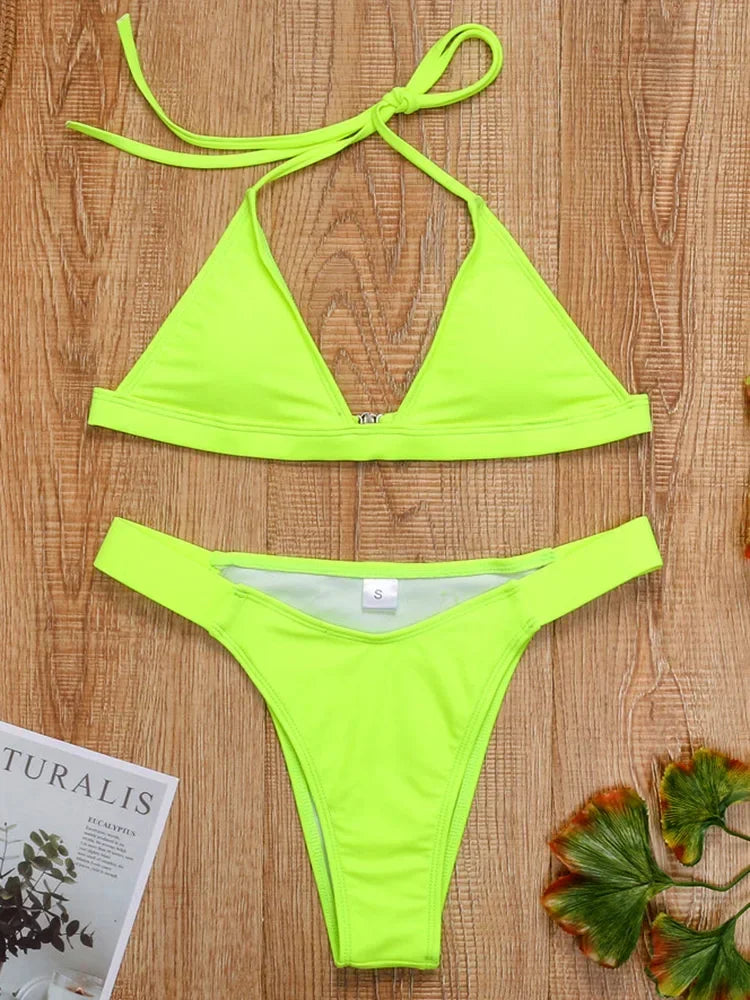 Halter Neon Green Brazilian Thong Bikini