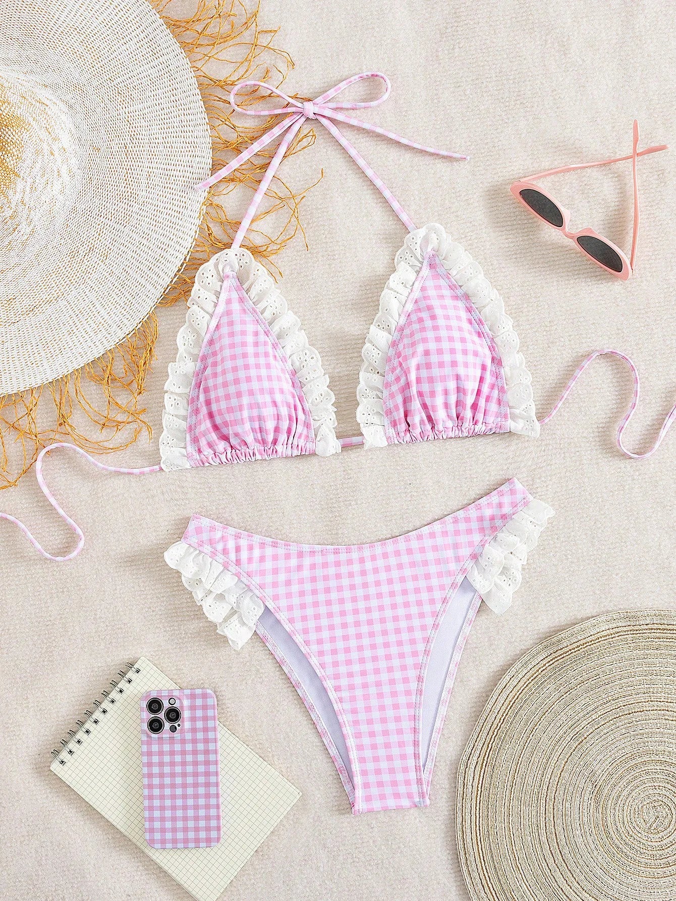 Cute Pink Plaid Print Micro Bikini