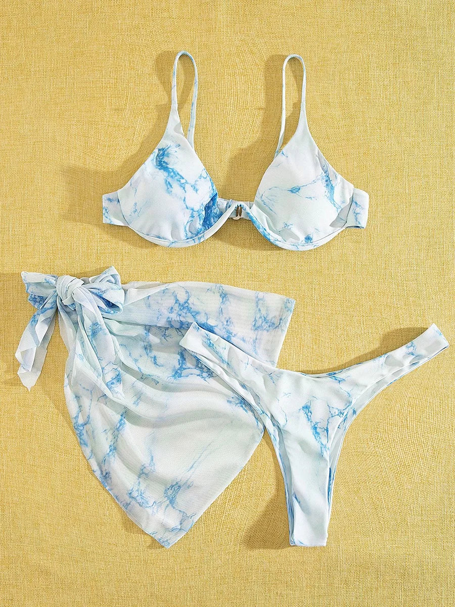 Marble Print V-Bar Underwired Bikini