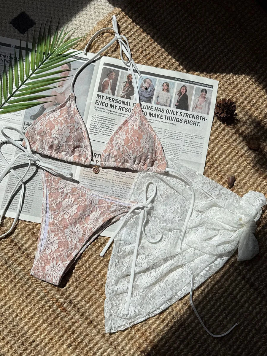 with Mesh Sarong Lace Halter High Cut Bikini