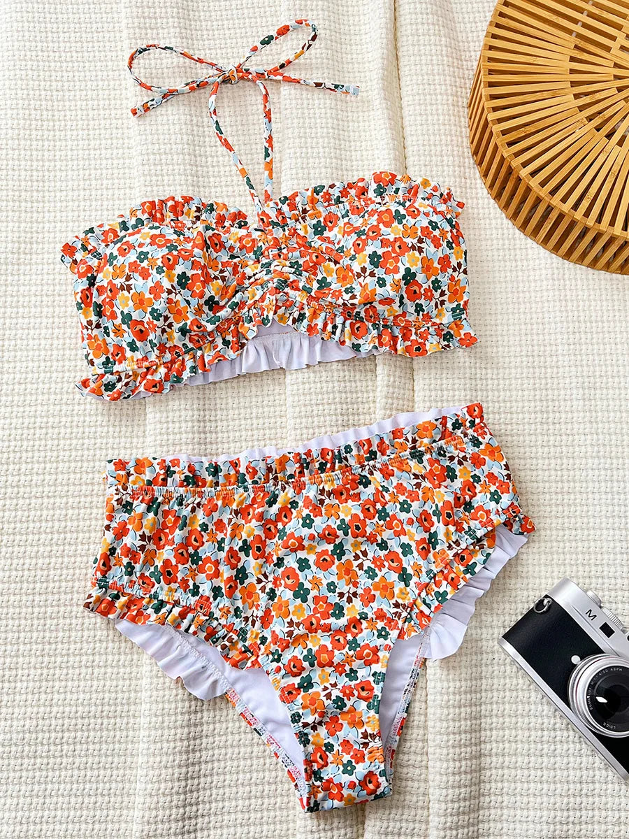 Flowers Printed Ruffled Bandeau Female Swimsuit