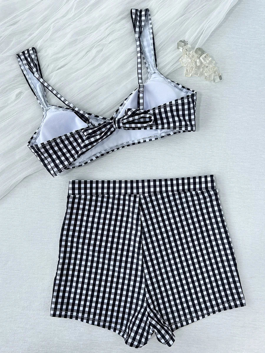 Plaid V Neck Shorts Female Swimsuit