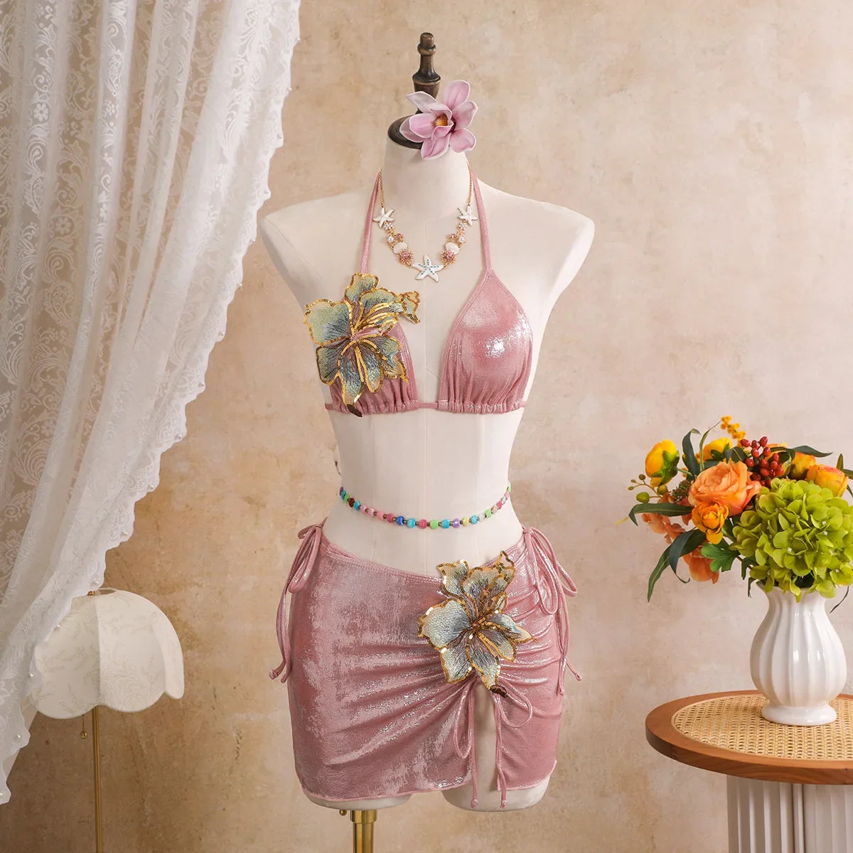 Sexy Pink 3D Flowers Embroidered Bikini Set