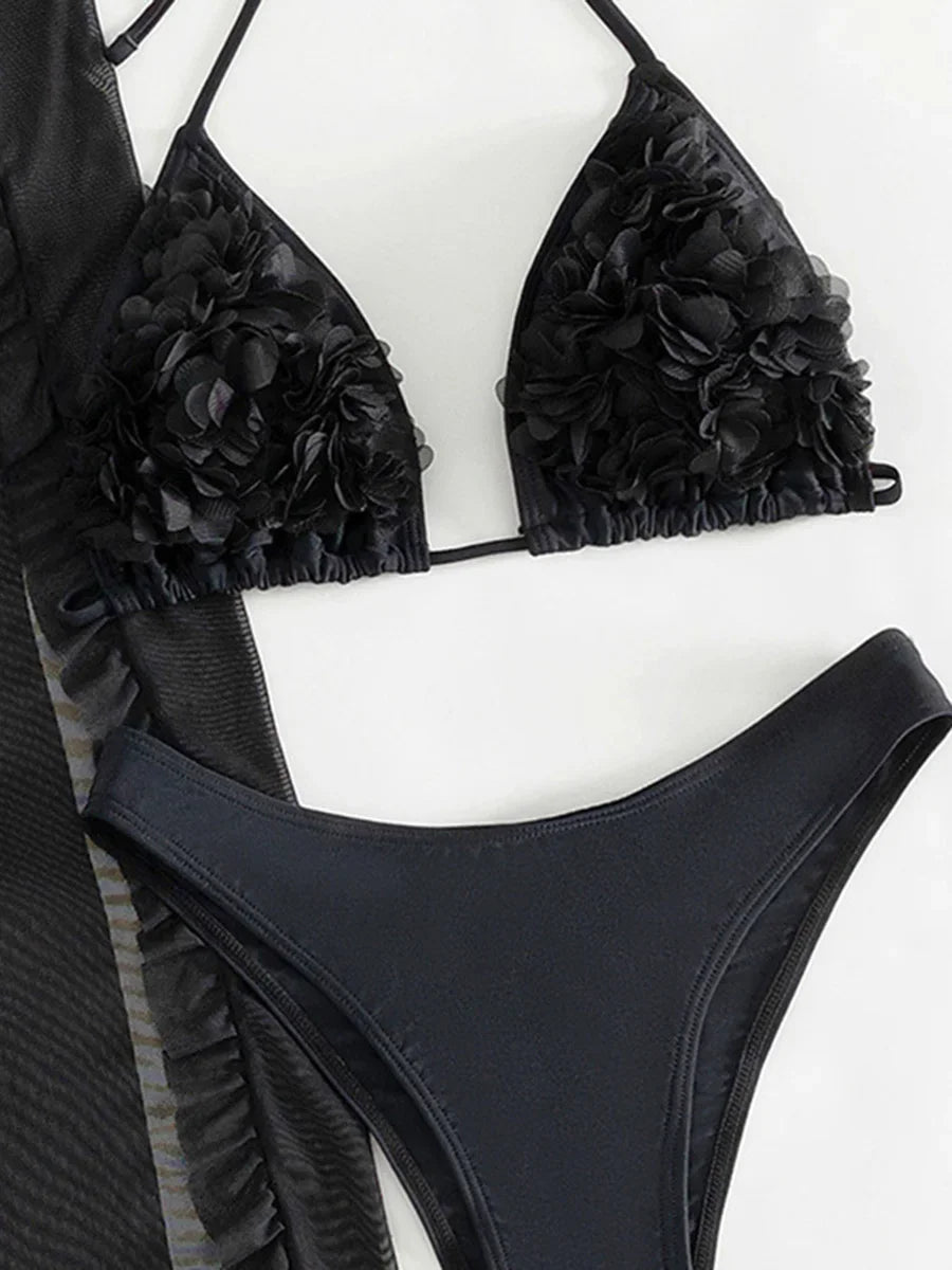 3D Flowers Ruffled Halter Long Skirt Bikini