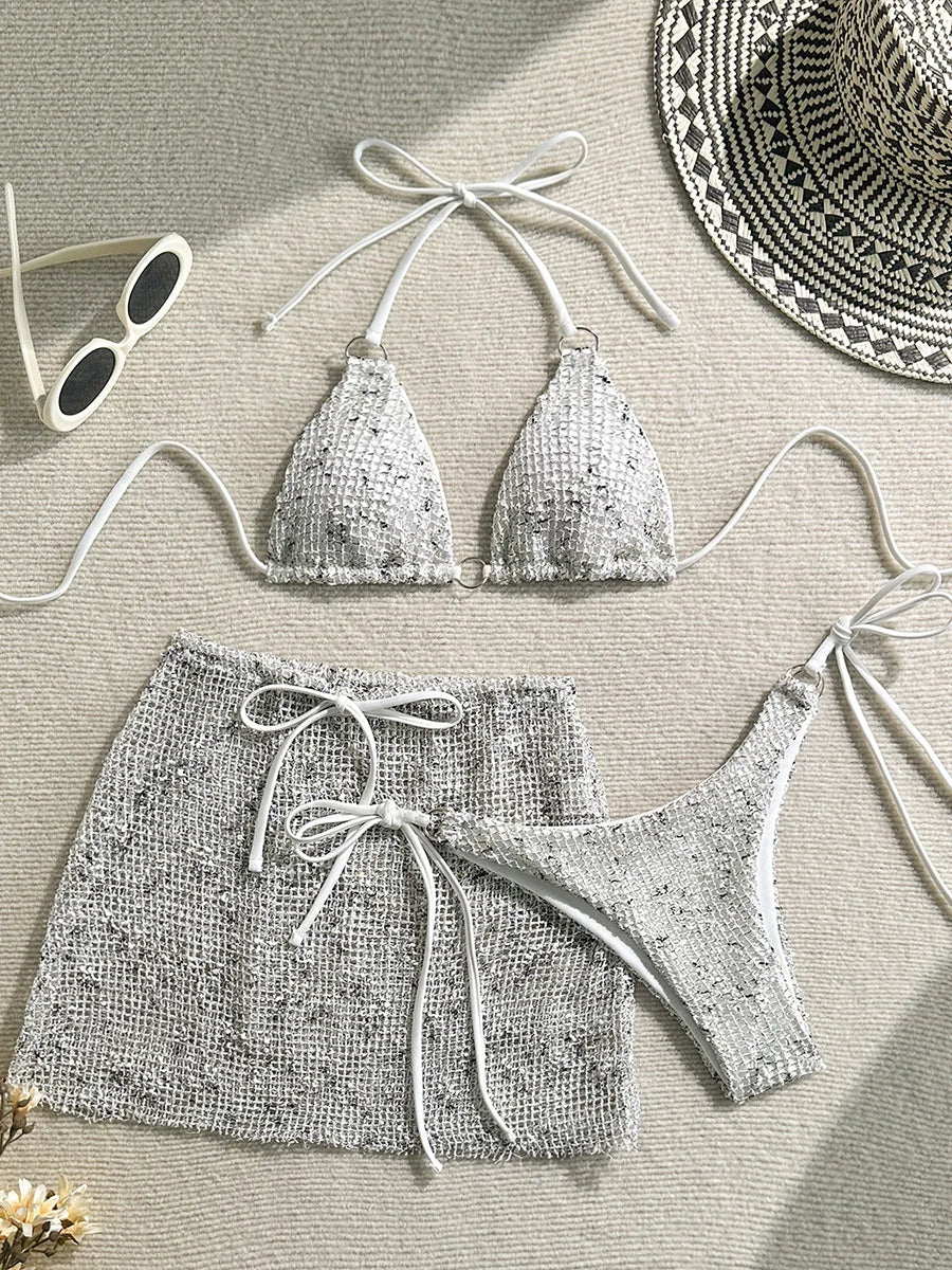 With Mesh Sarong Skirt Halter Bikini