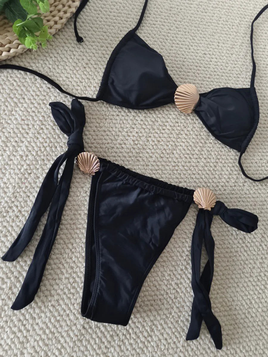 Metal Shell Halter Strappy High Cut Bikini
