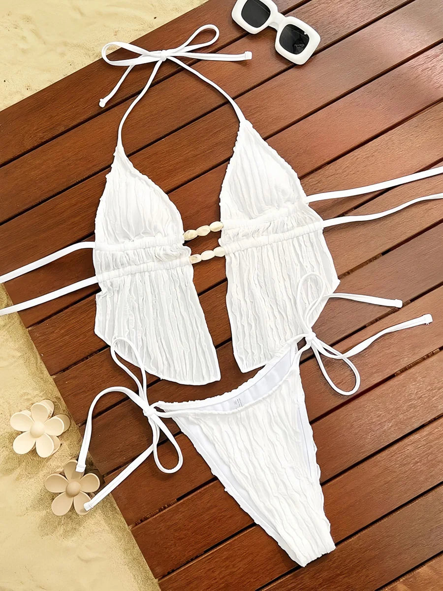 S - XL Wrinkled Tankini Halter Micro Bikini