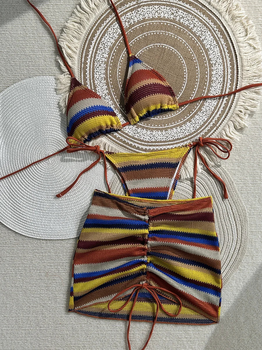 3PCS With Skirt Sarong Knitted Striped Bikini
