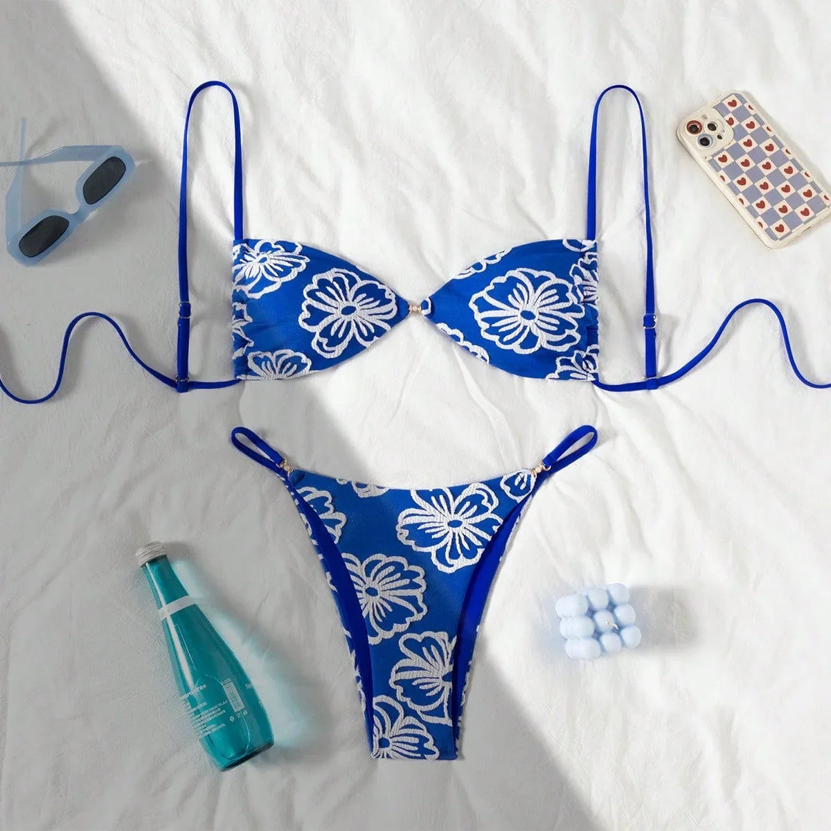 Sexy Blue Lace Flower Micro Bikini Set