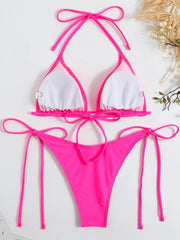 Solid Red Halter Push Up Bra Tie Side Triangle Swimsuit
