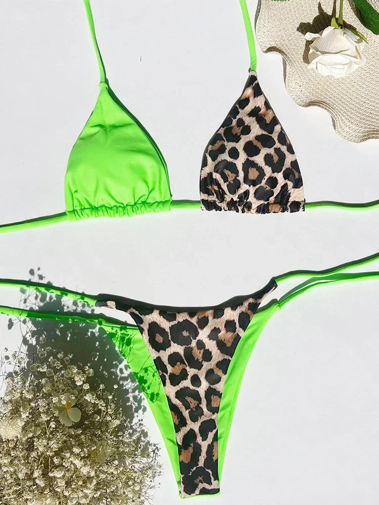 Halter Splicing Leopard Satin Bikini