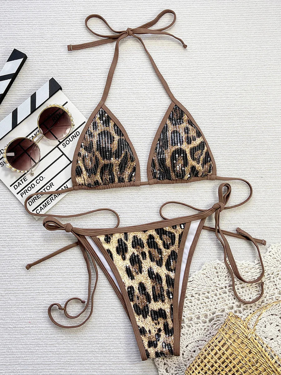 Leopard Sequins Halter Bikini