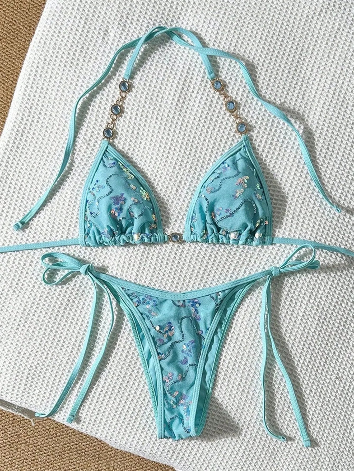 Shiny Sequin Floral Bikini Set