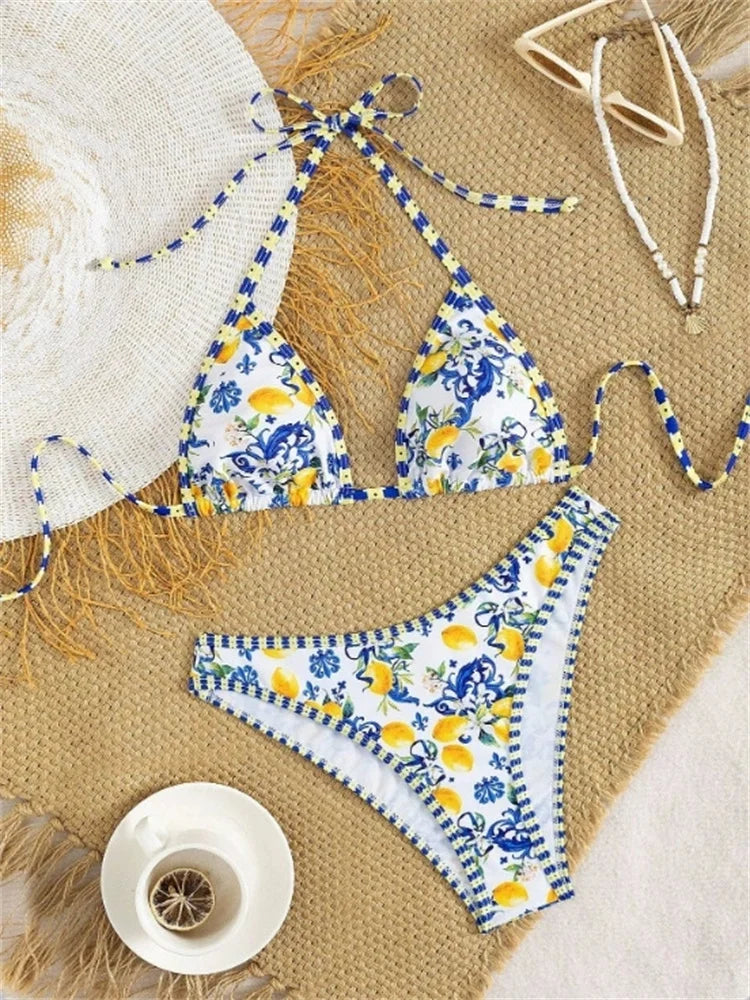 Sexy Blue Fruit Print Bikini Set