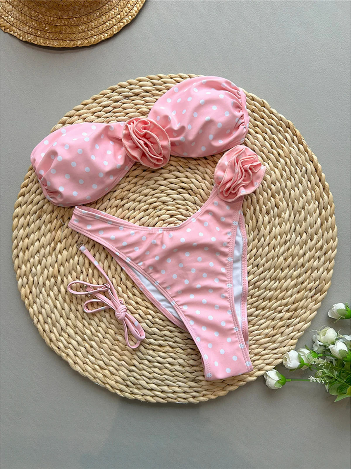 Scrunch Butt Bather Bathing Suit Swim 3D Flower Bandeau Dots Bikini