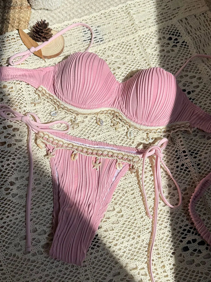 Shell Scalloped Wrinkled Underwired Bra Cup Bikini