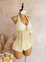 Vintage Yellow Polka Dot Print Bikini Set