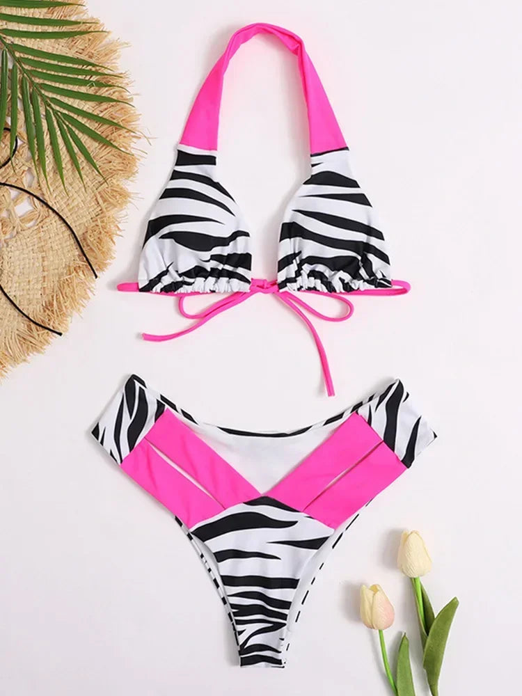 Sexy Splicing Zebra Halter Brazilian Bikini