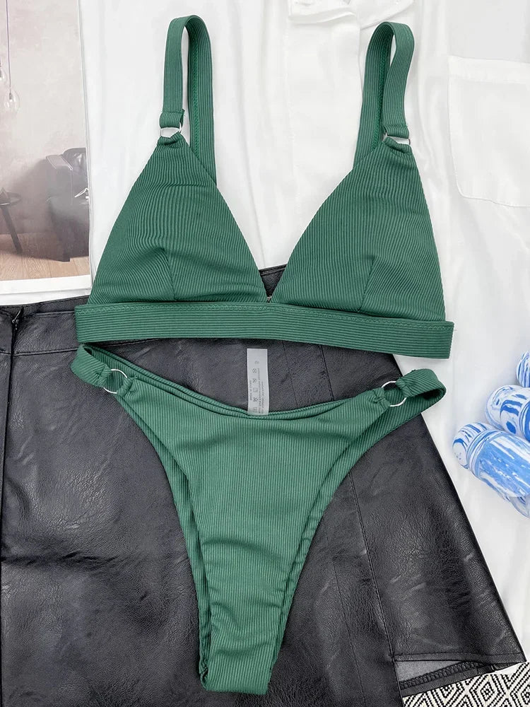 Ribbed Triangle High Cut Bikini