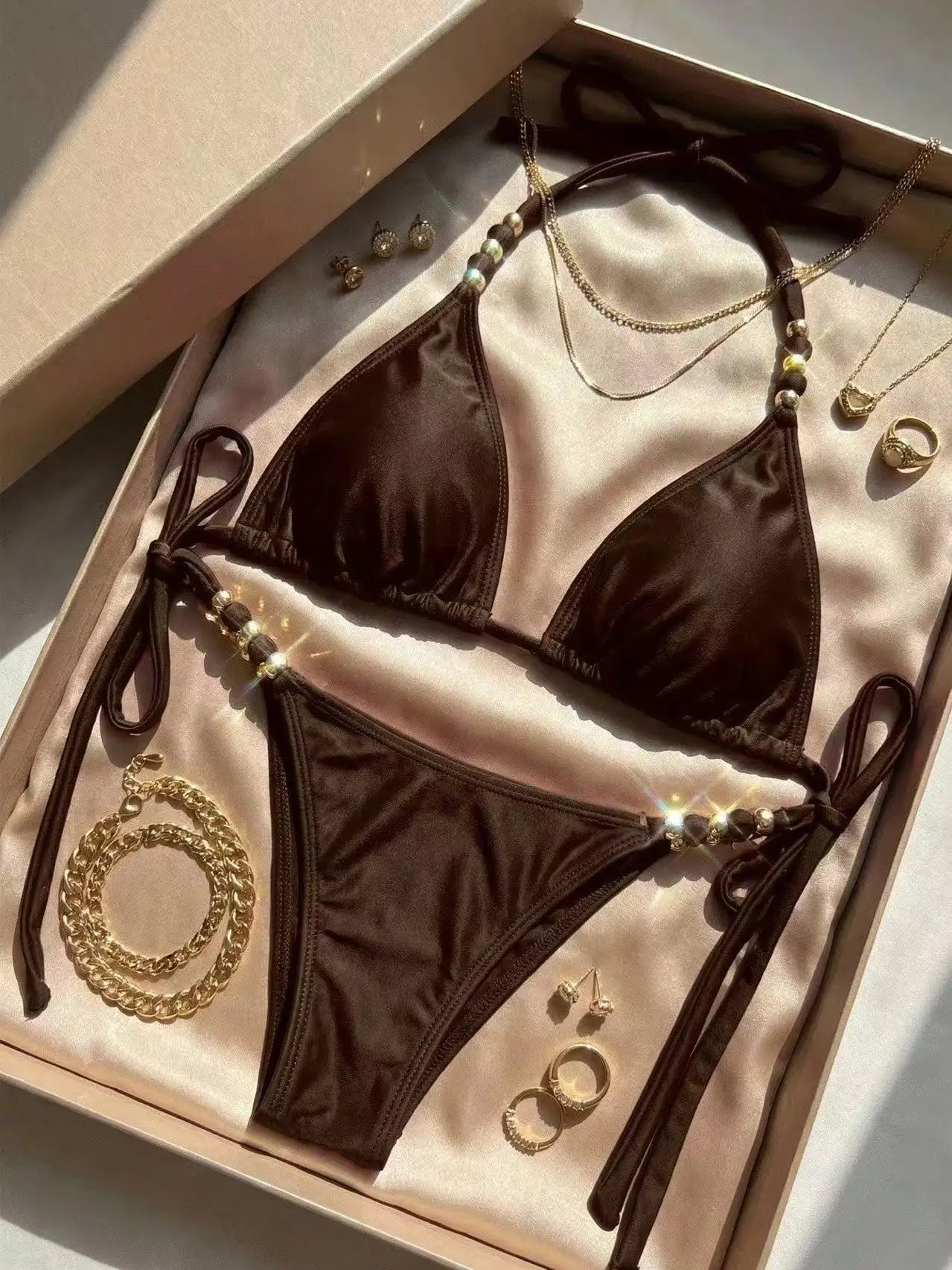 Sexy Coffee Gold Beaded String Bikini Set