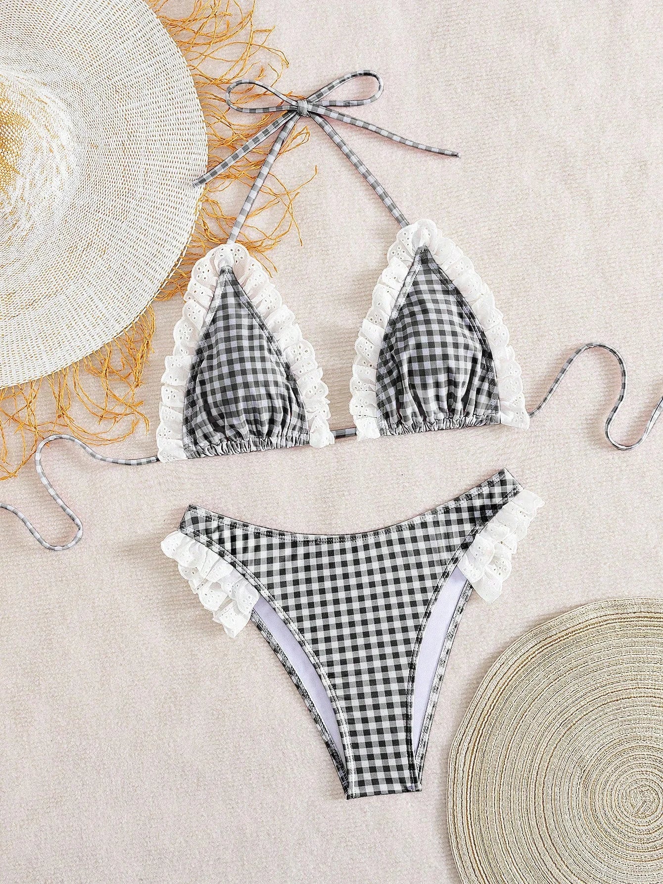Cute Pink Plaid Print Micro Bikini