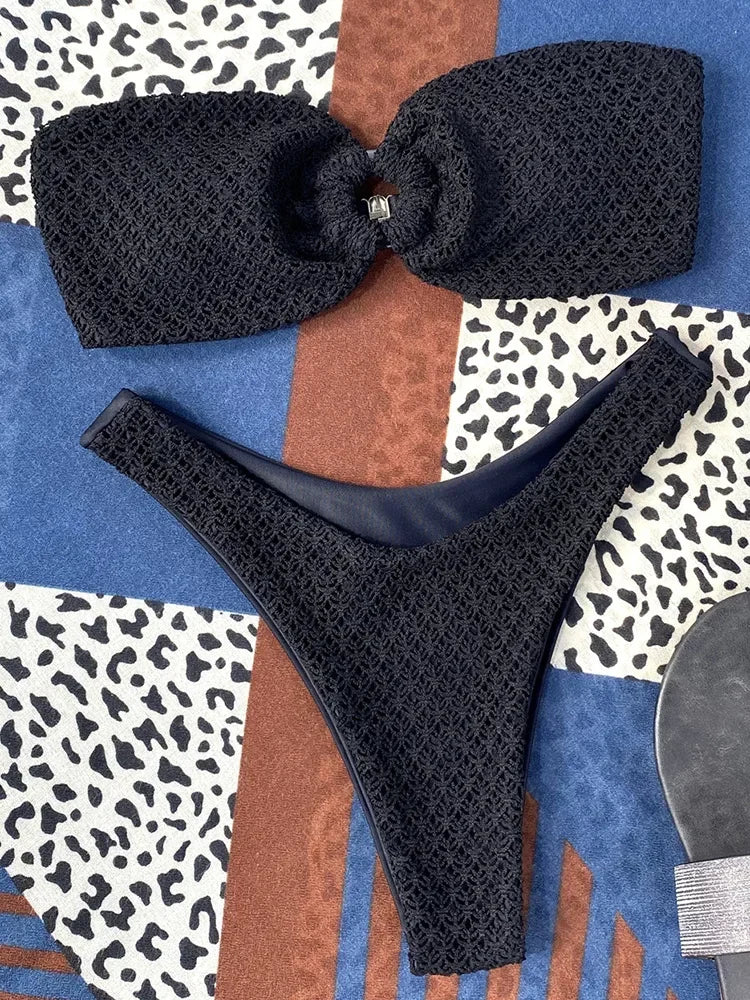 Wrinkled Fishnet Strapless Bandeau Bikini
