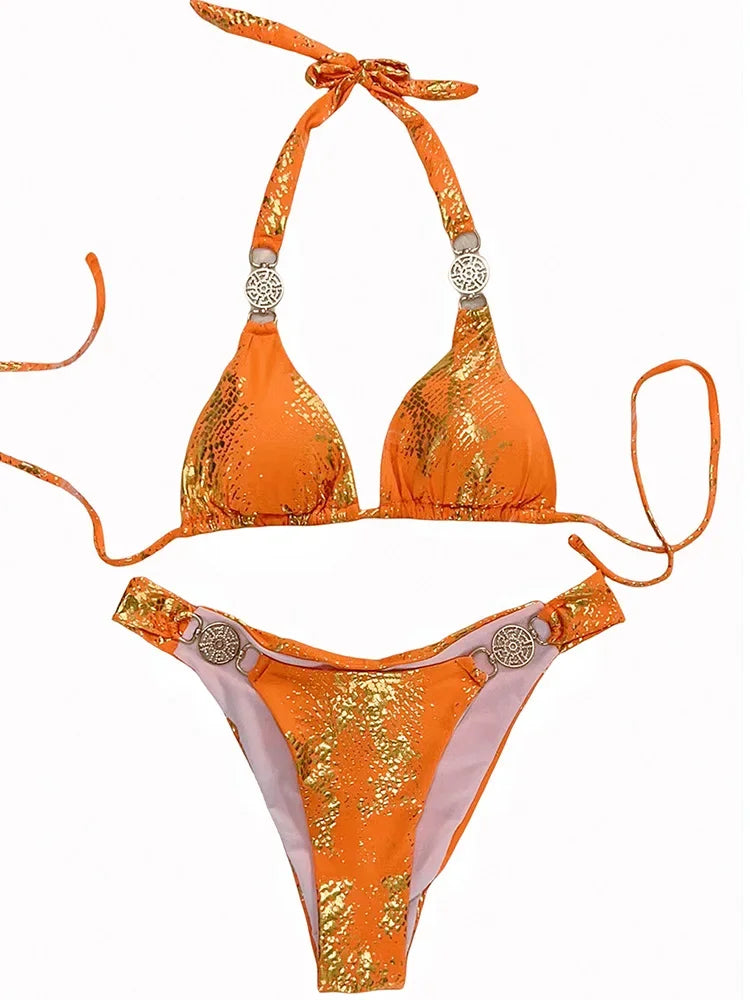 Snake Print Halter Diamond Bikini