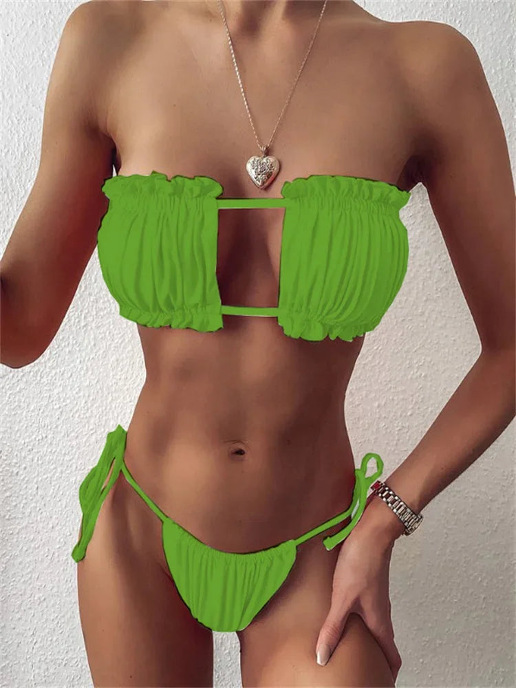 Elegant Purple Swimwear Women Sexy Off Shoulder Pleate Bikini