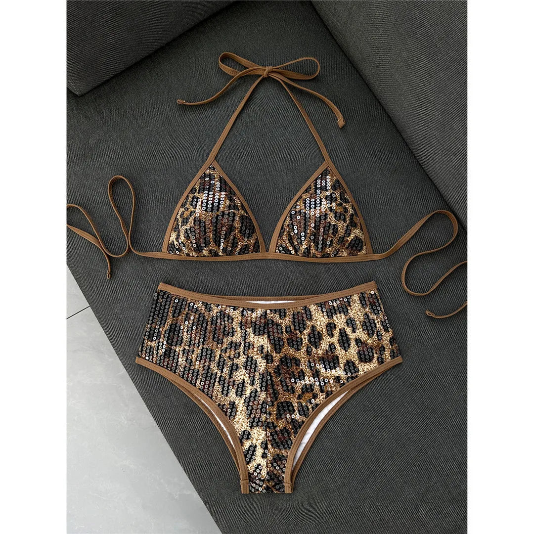 Sexy Leopard Printed Halter Sequins Bikini