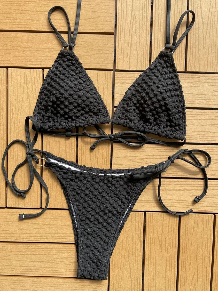Sexy Wrinkled Strappy Halter Bikini