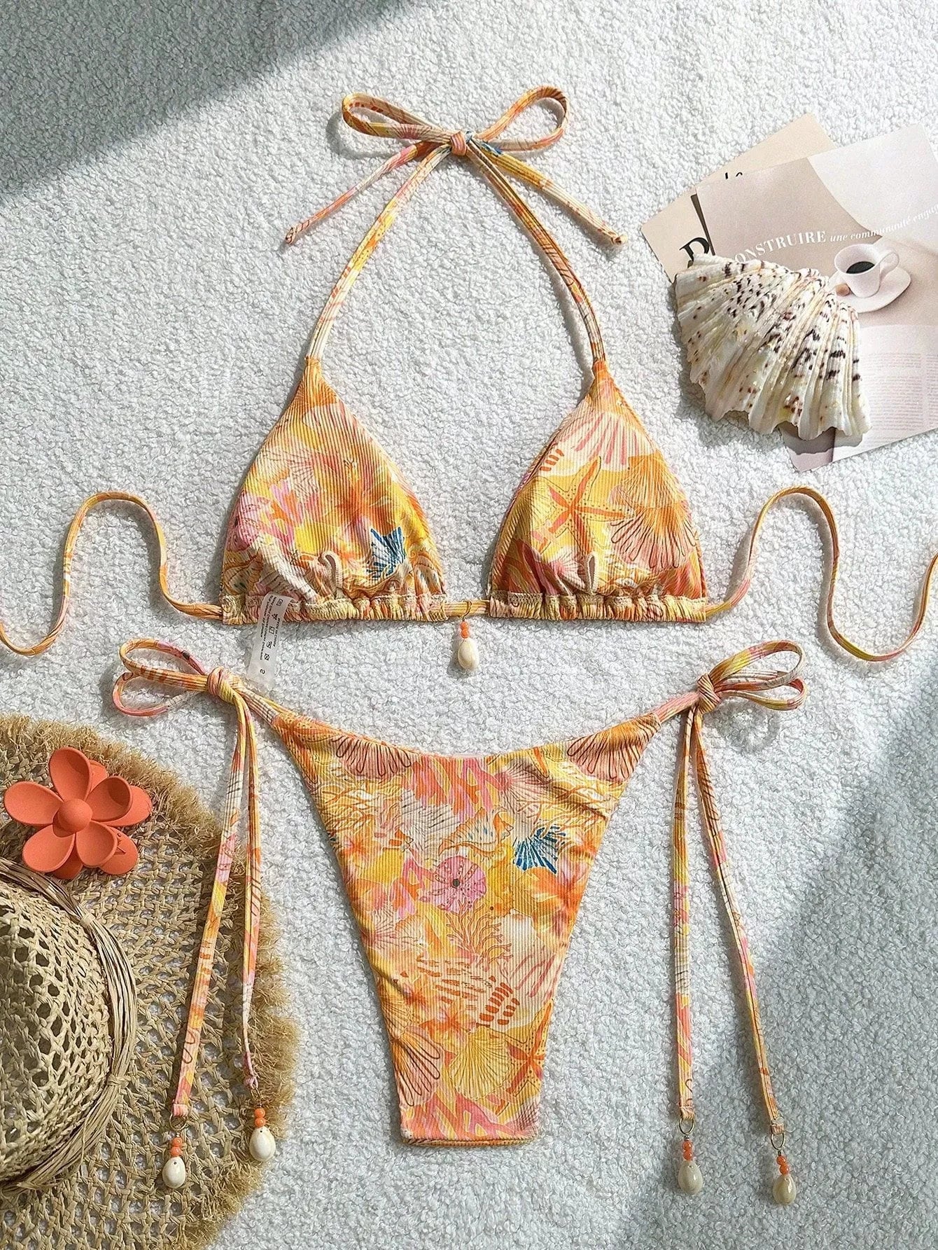 Sexy Orange Leaves Print Micro Bikini