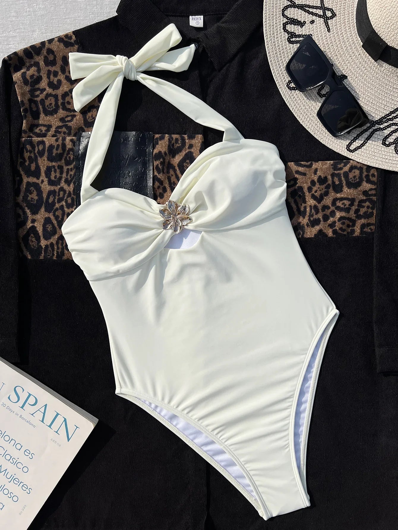 Hatler Metal Starfish Cut Out Pleate Backless One Piece Swimsuit