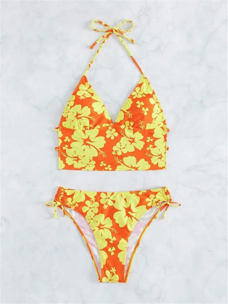 Sexy Yellow Floral Print Bikini