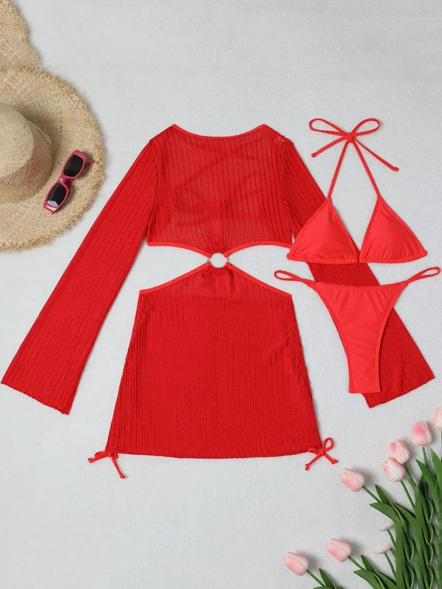 Mesh Sheer Long Sleeve Cover-Up Micro Bikini