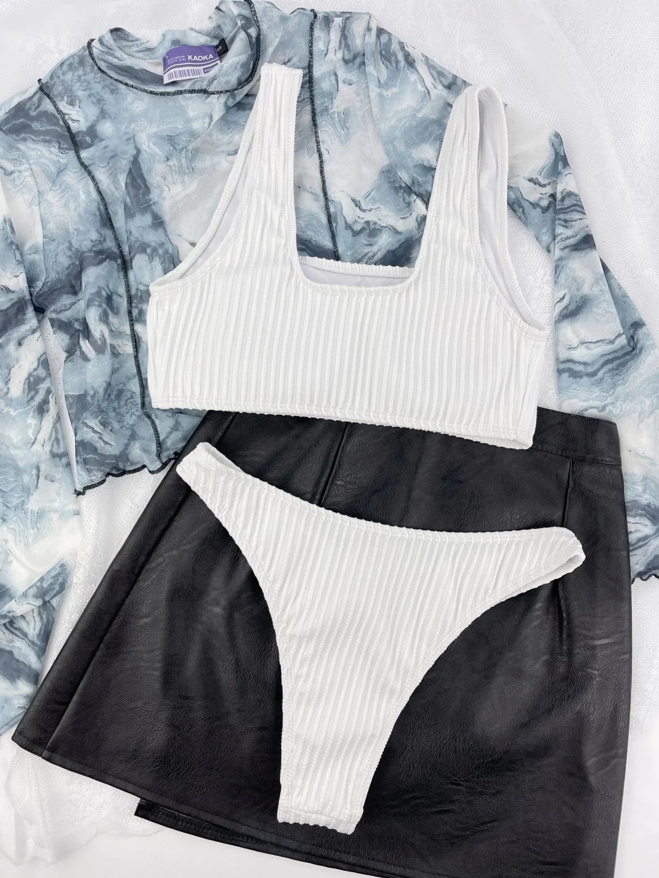 White Black Ribbed Push Up Micro Swimsuit