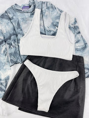 White Black Ribbed Push Up Micro Swimsuit