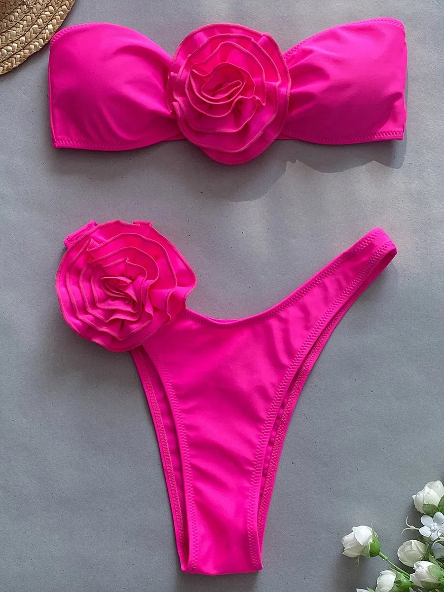 3D Flowers Striped Bikini