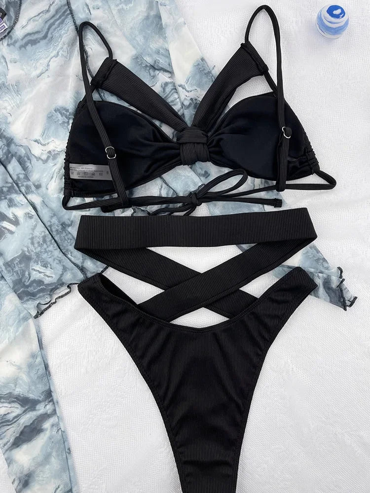 Ribbed Hollow Out Bikini