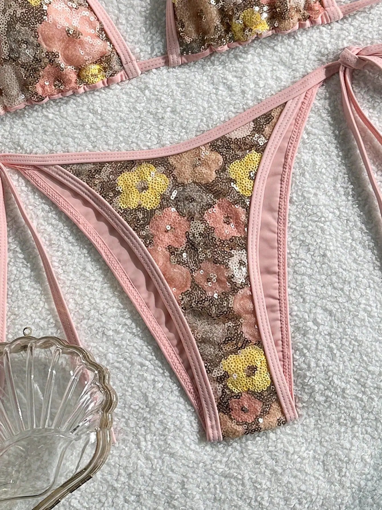 Sexy Pink Floral Sequin Bikini Set
