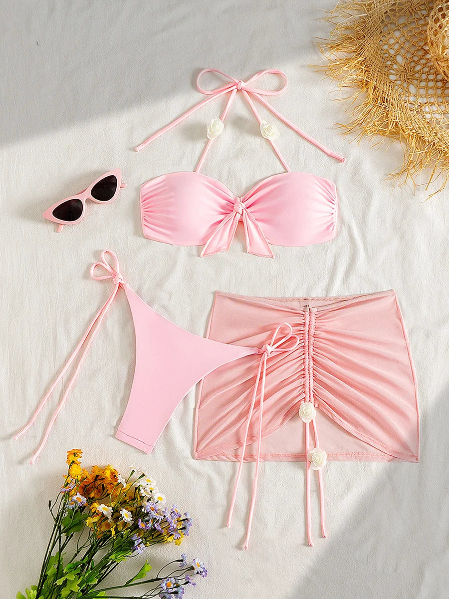3D Flower Halter Bow Knotted Bikini