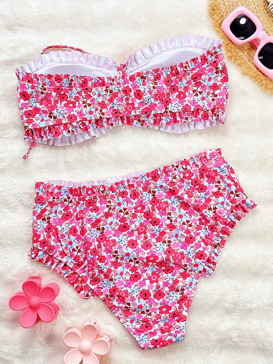 Flowers Printed Ruffled Bandeau Female Swimsuit