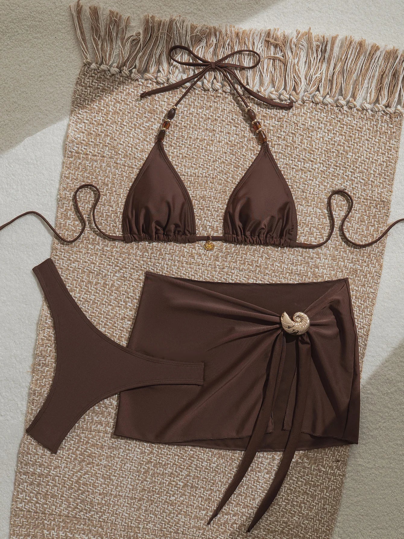 Sexy Coffee Cover Up 3 Piece Bikini Set