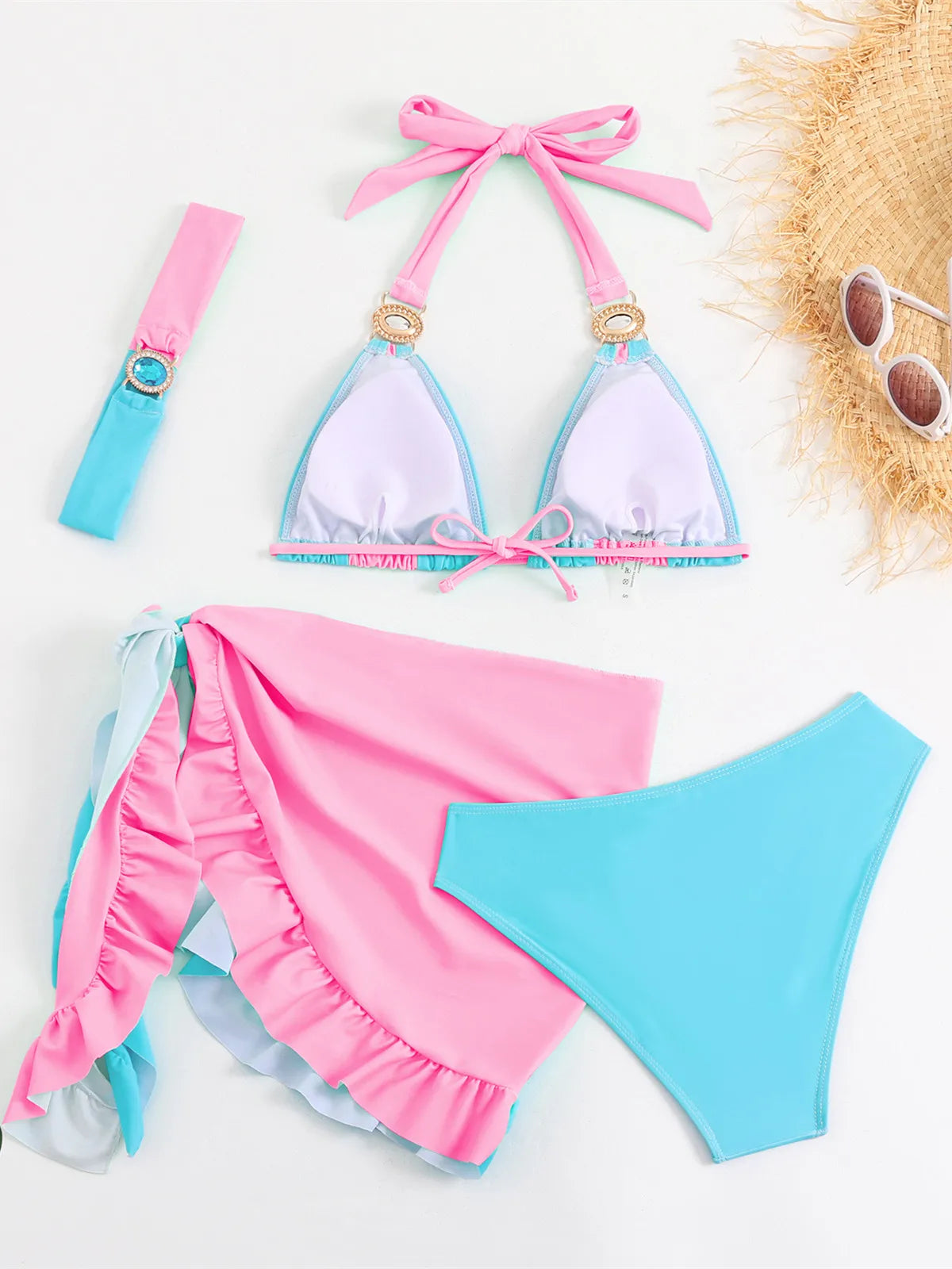 Green Contrast Diamond Push Up Ruffles Skirt 4 Piece Swimsuit