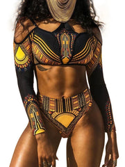 African Print Long Sleeve High Waist Bikini