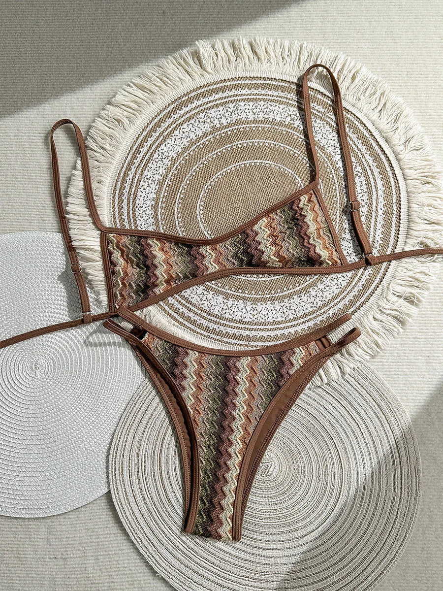 Crochet Striped High Leg Cut Brazilian Bikini