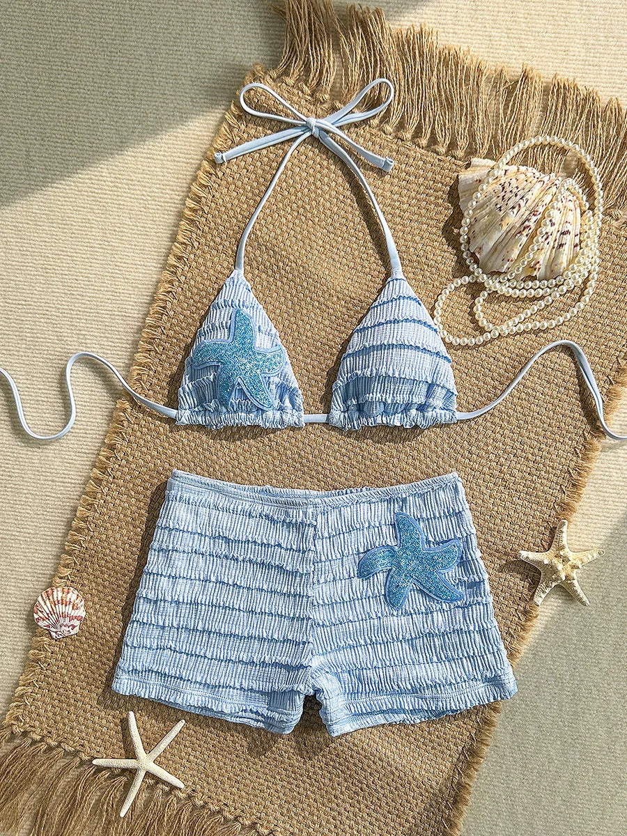 Sequins Starfish Halter Wrinkled High Waist Bikini