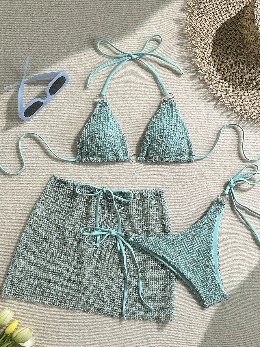 With Fishnet Sarong Skirt Halter Micro Bikini
