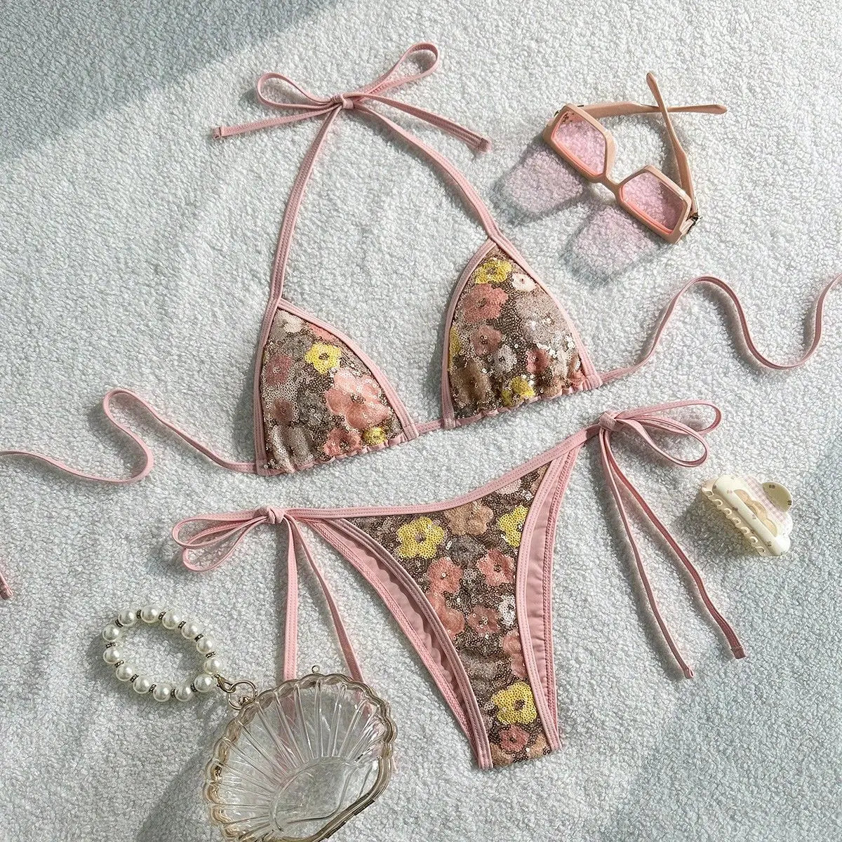 Sexy Pink Floral Sequin Bikini Set