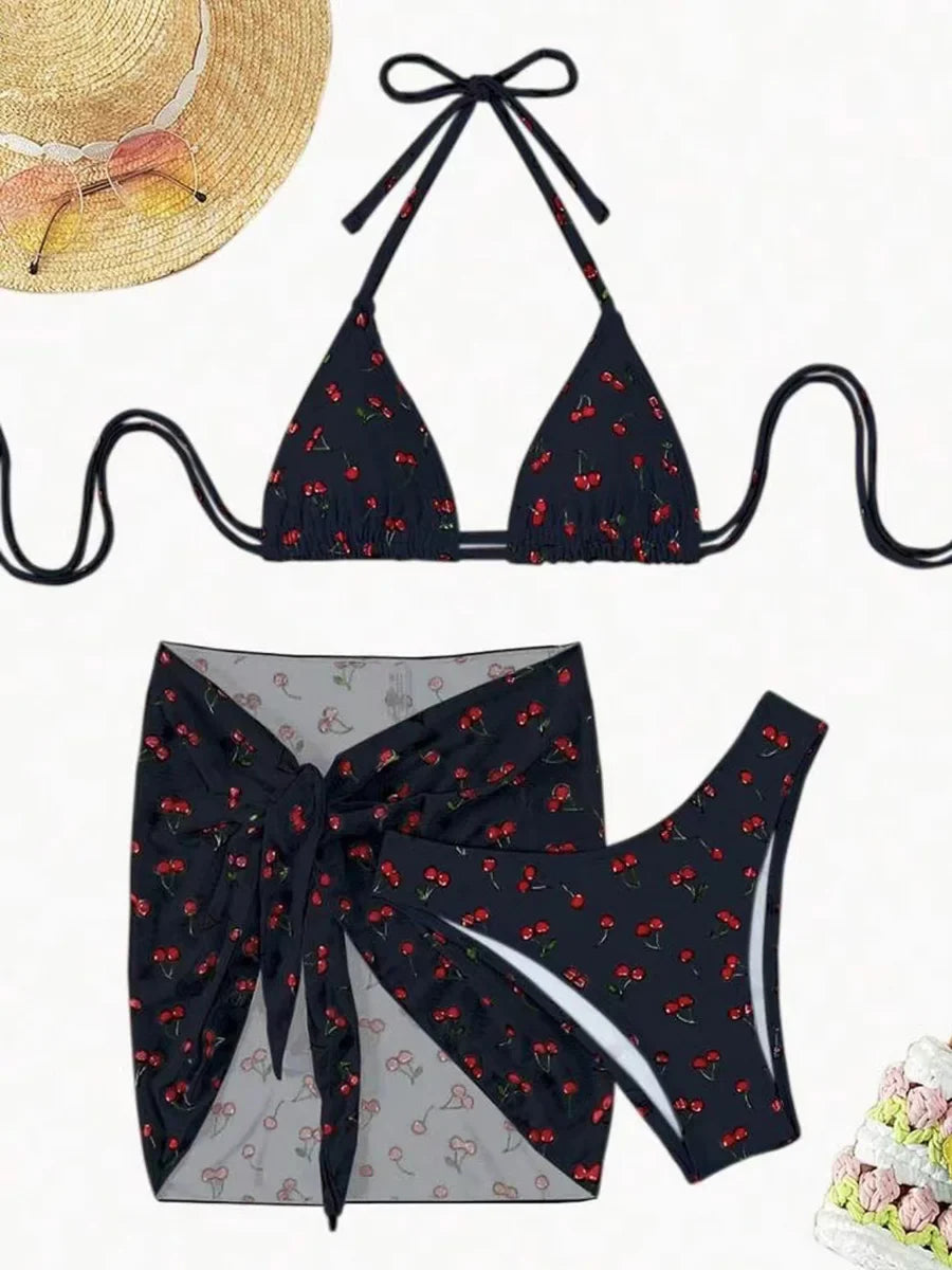 With Mesh Skirt Cherry Printed Bikini